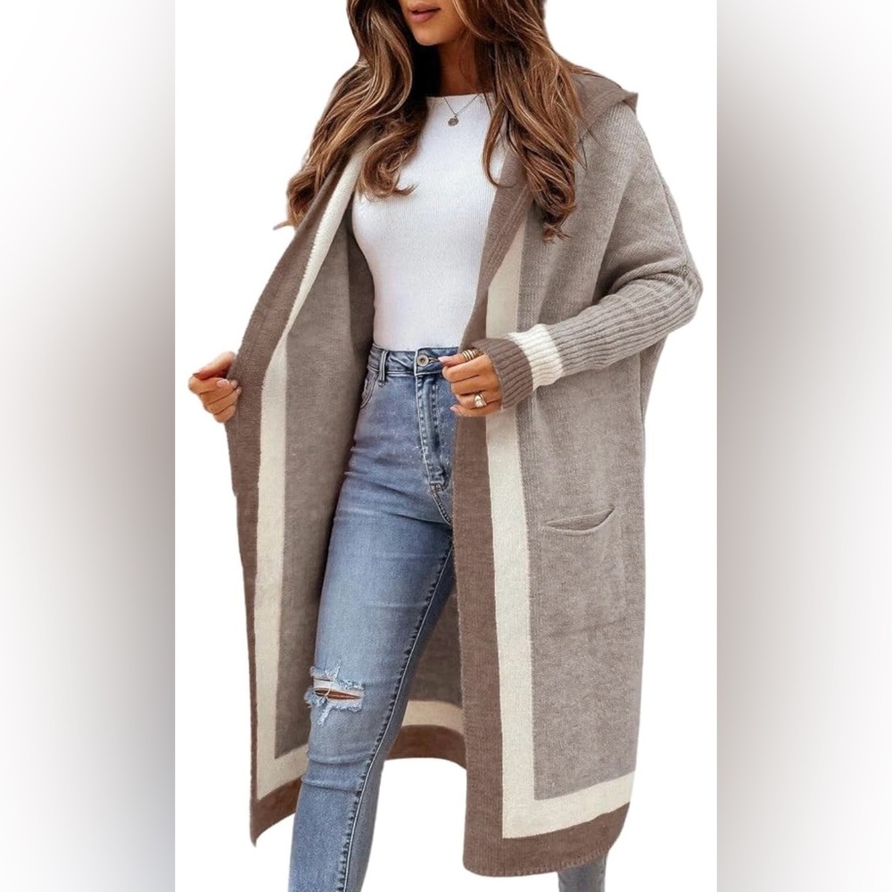 chouyatou Color Block Vertical Striped Open Front Oversized Hooded Long Cardigan